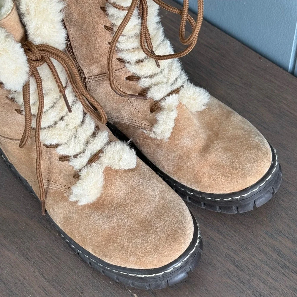 Natural Reflections Shearling-Lined Suede Leather Winter Boots Womens 6 Fur Trim